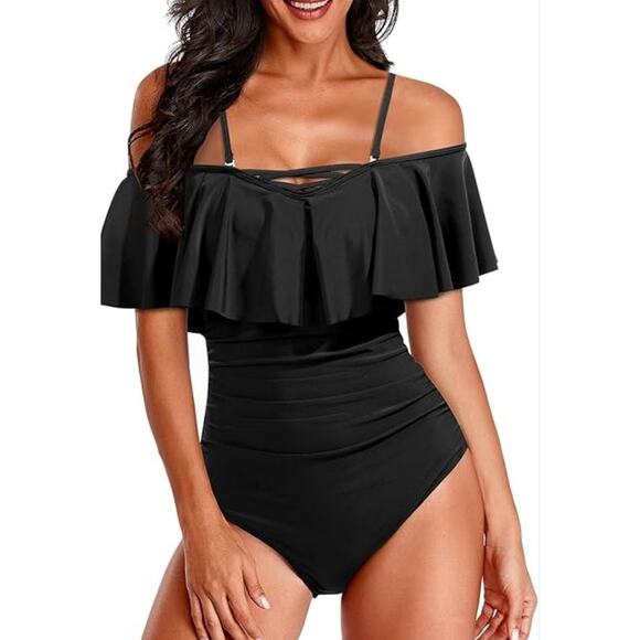 NWT BCBGMAXAZRIA Black One Piece Swimwear, Swimsuit, Ruffle top, Sz M - Picture 1 of 4